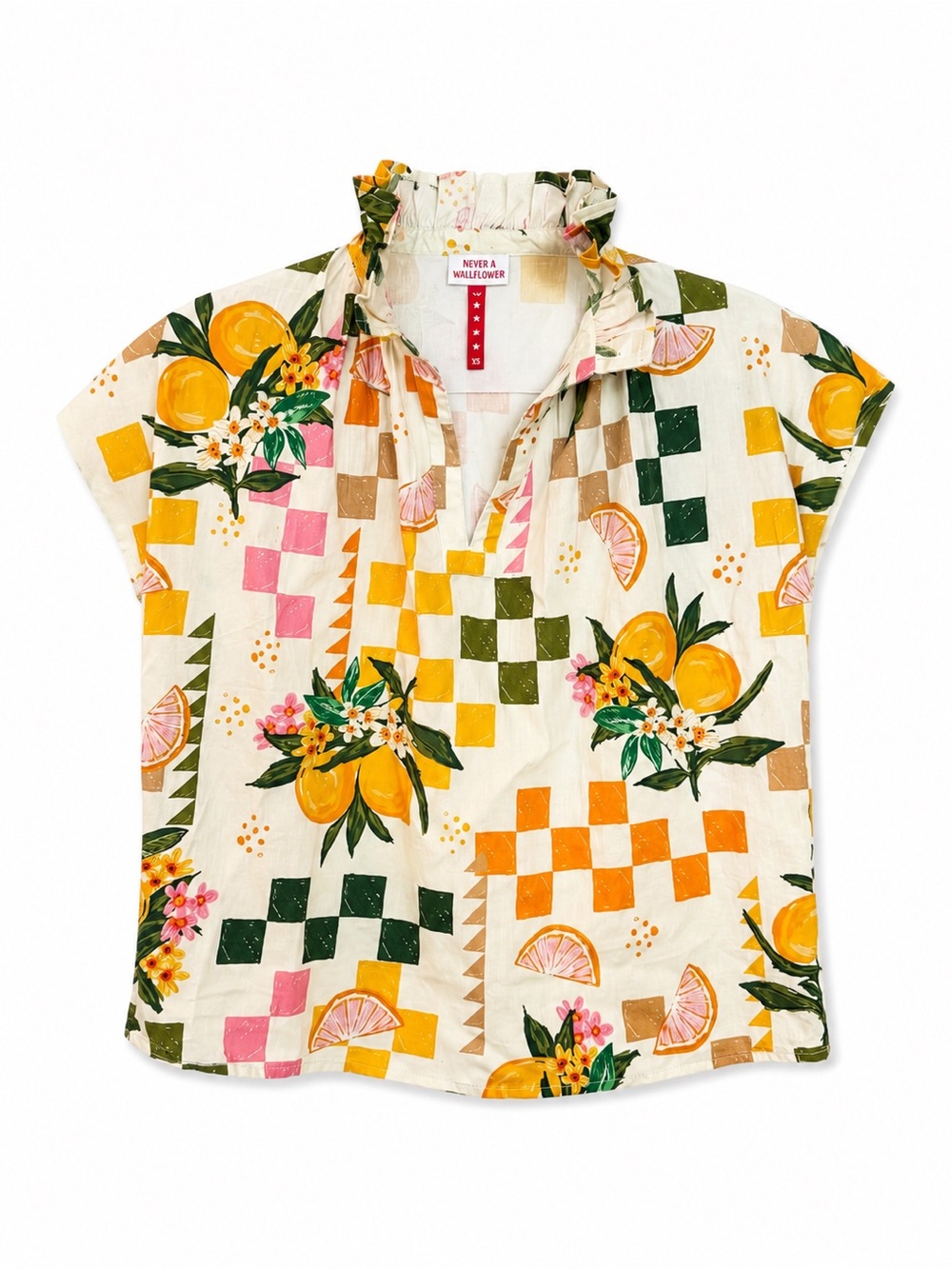 NWT Never A Wallflower Citrus Print Ruffle Collar Top NWT XS - Picture 2 of 7